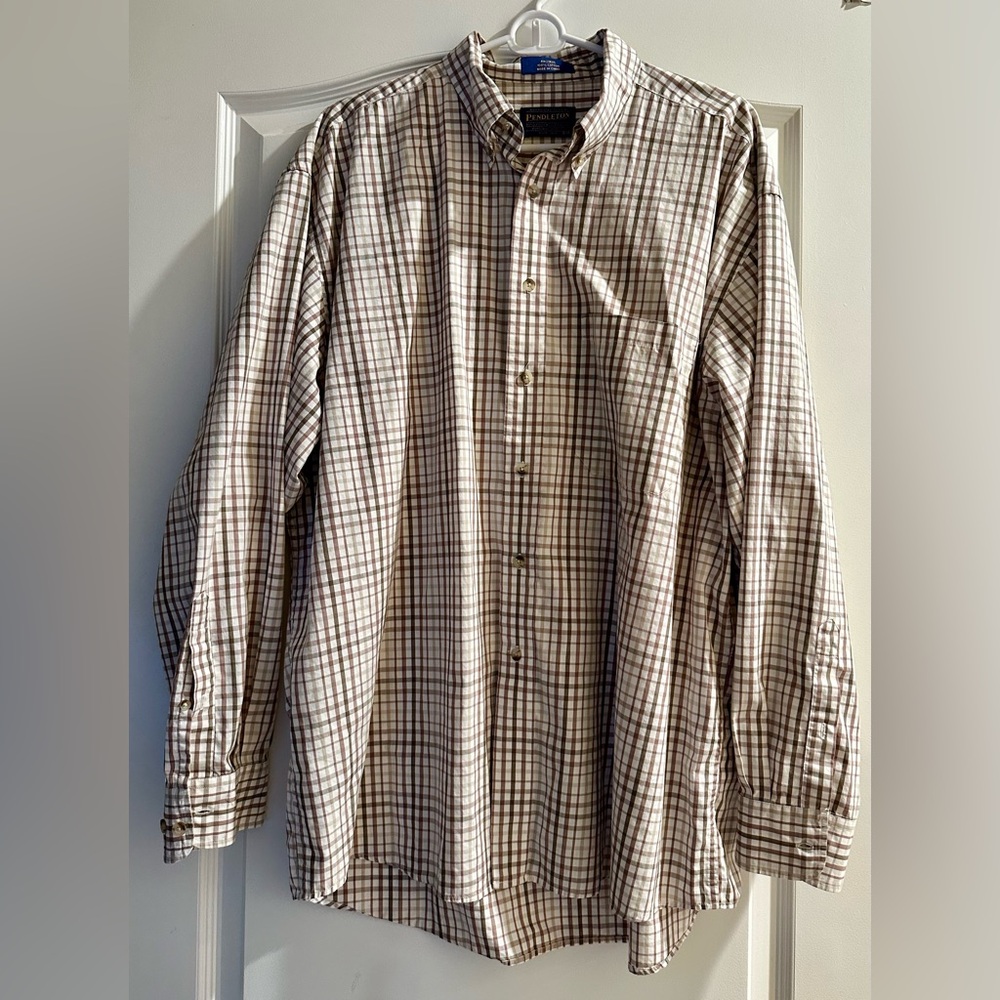 Pendleton Men’s Plaid Dress Shirt XL Beige Cream Brown